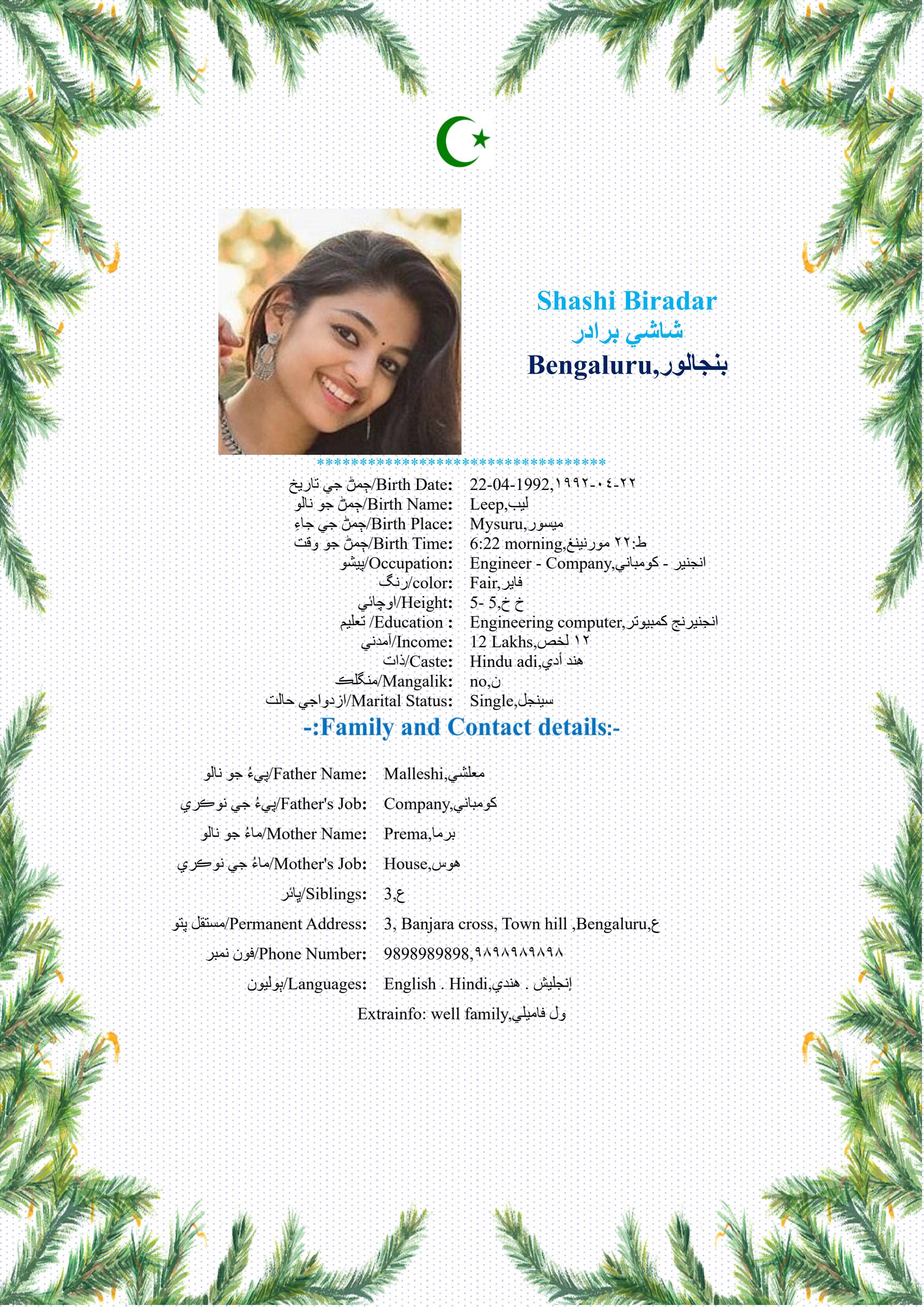 A star like stunning marriage biodata design for the language Sindhi